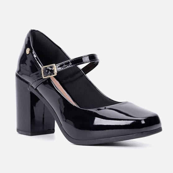 Segunda imagem do produto Sandália Feminina Mary Jane Salto Bloco Grosso Bico Quadrado Preta Verniz