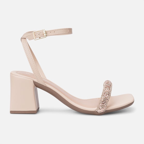 Sandália Feminina Nude Tira Com Fivela Salto Alto Bloco