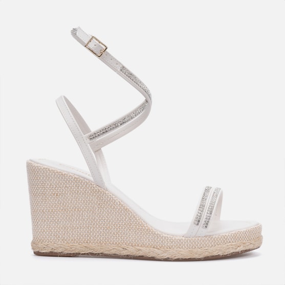 Sandália Feminina Off White Anabela Salto Corda Tiras Strass