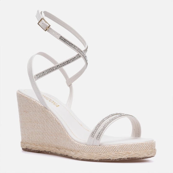 Segunda imagem do produto Sandália Feminina Off White Anabela Salto Corda Tiras Strass