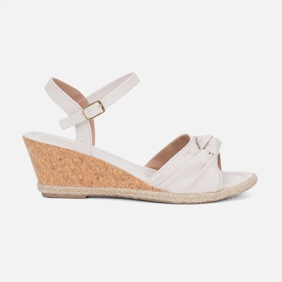 Sandália Feminina Off White Estilo Anabela Tira De Laço