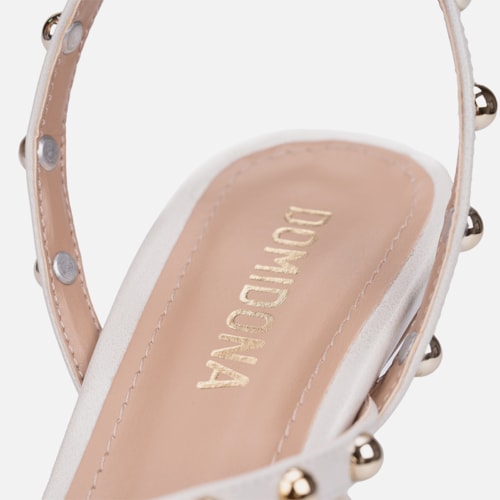 Sandália Feminina Off White Salto Alto Grosso Cromado Tiras Com Tachas