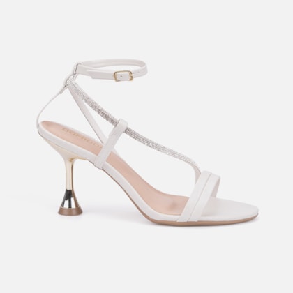 Sandália Feminina Off White Salto Alto Taça Dourado Metalizado Tira Fina Com Strass