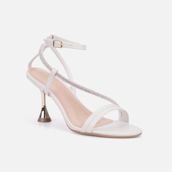 Segunda imagem do produto Sandália Feminina Off White Salto Alto Taça Dourado Metalizado Tira Fina Com Strass