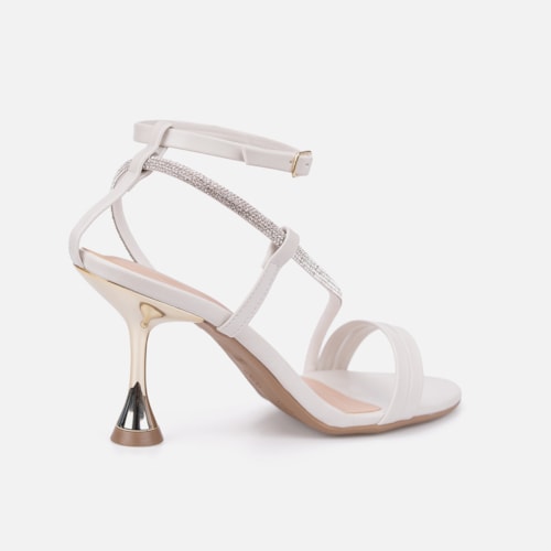 Sandália Feminina Off White Salto Alto Taça Dourado Metalizado Tira Fina Com Strass