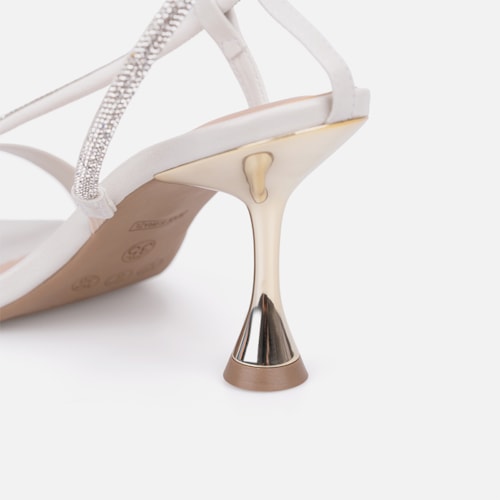 Sandália Feminina Off White Salto Alto Taça Dourado Metalizado Tira Fina Com Strass