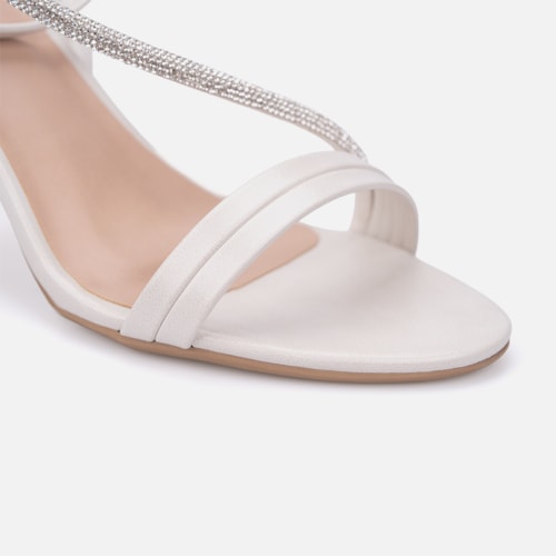 Sandália Feminina Off White Salto Alto Taça Dourado Metalizado Tira Fina Com Strass