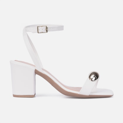 Sandália Feminina Off White Salto Alto Tira Com ABS Metalizado