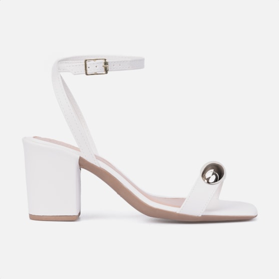 Sandália Feminina Off White Salto Alto Tira Com ABS Metalizado
