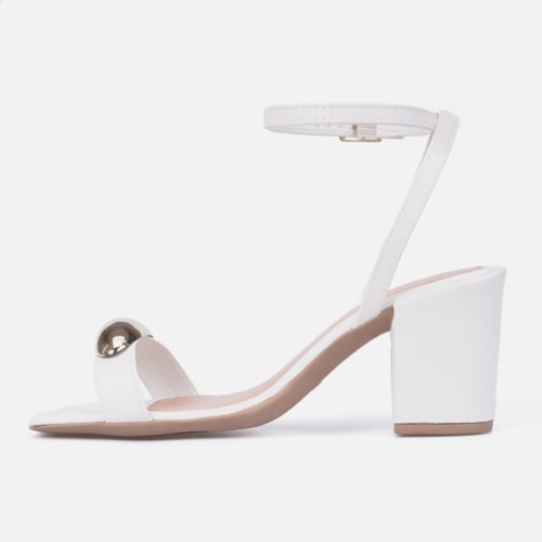 Sandália Feminina Off White Salto Alto Tira Com ABS Metalizado