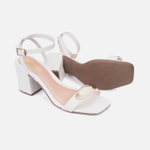 Sandália Feminina Off White Salto Alto Tira Com ABS Metalizado