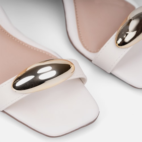 Sandália Feminina Off White Salto Alto Tira Com ABS Metalizado