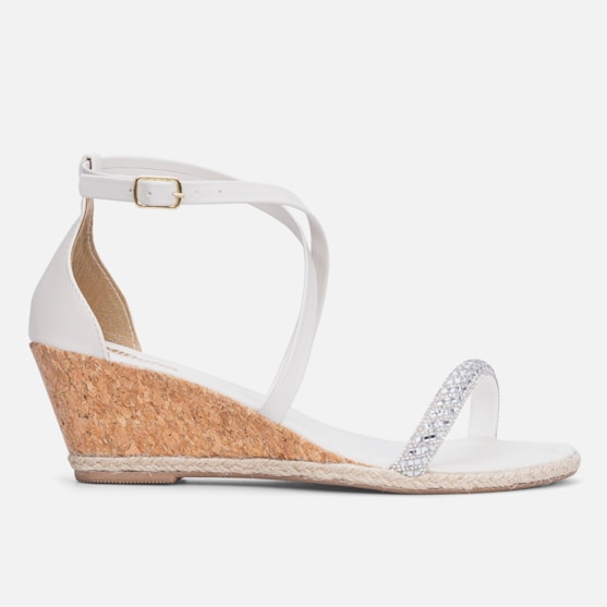 Sandália Feminina Off White Salto Anabela Tira De Strass