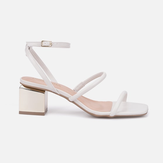 Sandália Feminina Off White Salto Bloco Dourado Bico Quadrado Tira Com Fivela