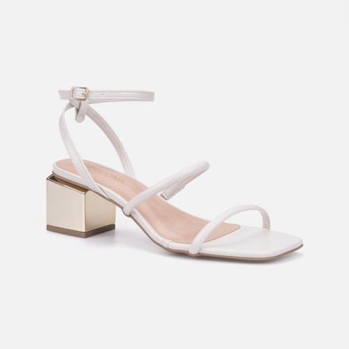 Sandália Feminina Off White Salto Bloco Dourado Metalizado Bico Quadrado Tira Com Fivela