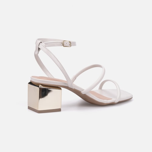 Sandália Feminina Off White Salto Bloco Dourado Metalizado Bico Quadrado Tira Com Fivela