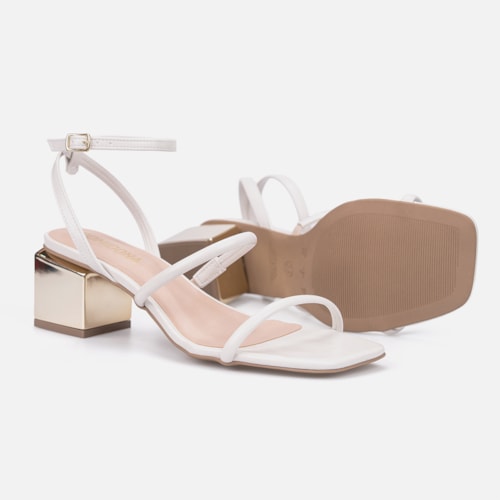 Sandália Feminina Off White Salto Bloco Dourado Metalizado Bico Quadrado Tira Com Fivela
