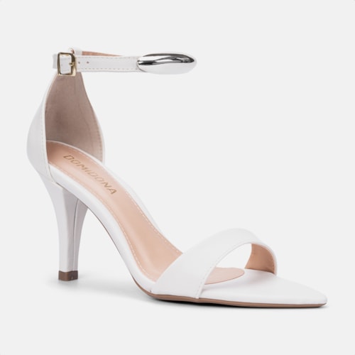 Sandália Feminina Off White Salto Fino Enfeite Metalizado