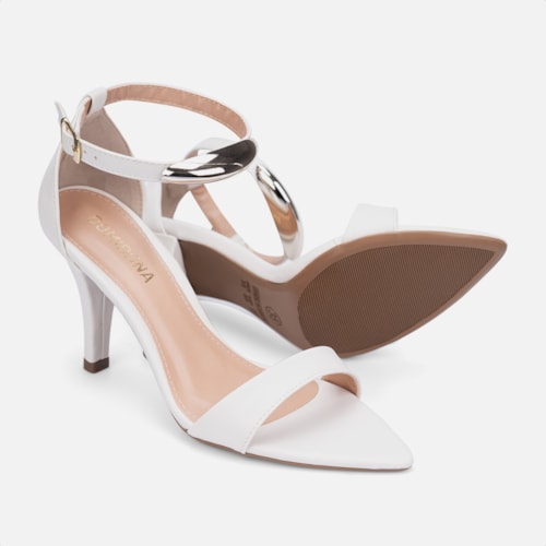 Sandália Feminina Off White Salto Fino Enfeite Metalizado