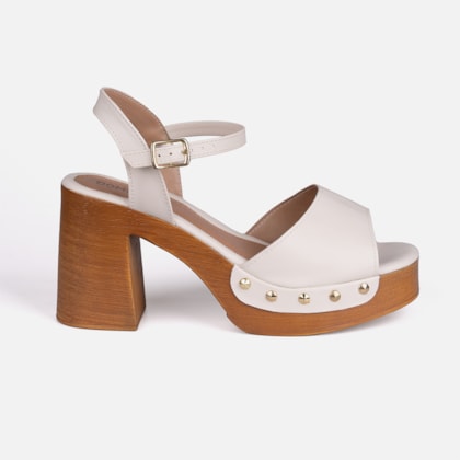 Sandália Feminina Off White Salto Grosso Bloco Madeira Tira Com Tachas