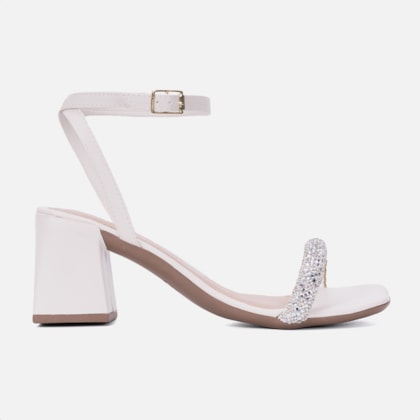 Sandália Feminina Off White Tira Com Fivela Salto Alto Bloco