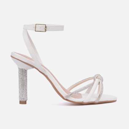 Sandália Feminina Off White Tira De Laço E Salto De Strass