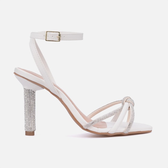 Sandália Feminina Off White Tira De Laço E Salto De Strass