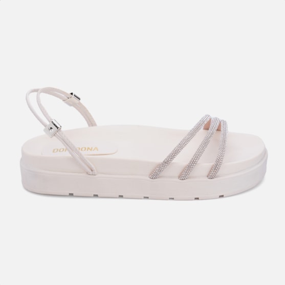 Sandália Feminina Papete Flatform Calce Fácil Tira De Strass Off White