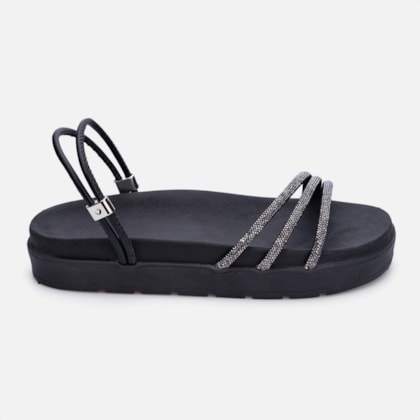 Sandália Feminina Papete Flatform Calce Fácil Tira De Strass Preta