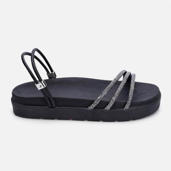 Sandália Feminina Papete Flatform Calce Fácil Tira De Strass Preta