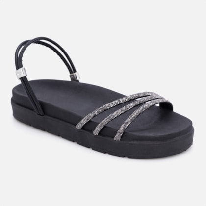 Segunda imagem do produto Sandália Feminina Papete Flatform Calce Fácil Tira De Strass Preta
