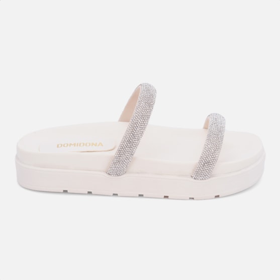 Sandália Feminina Papete Flatform Com Tiras De Strass Moda Off White