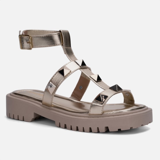Segunda imagem do produto Sandália Feminina Papete Tratorada Tiras Tornozelo Spikes Dourado