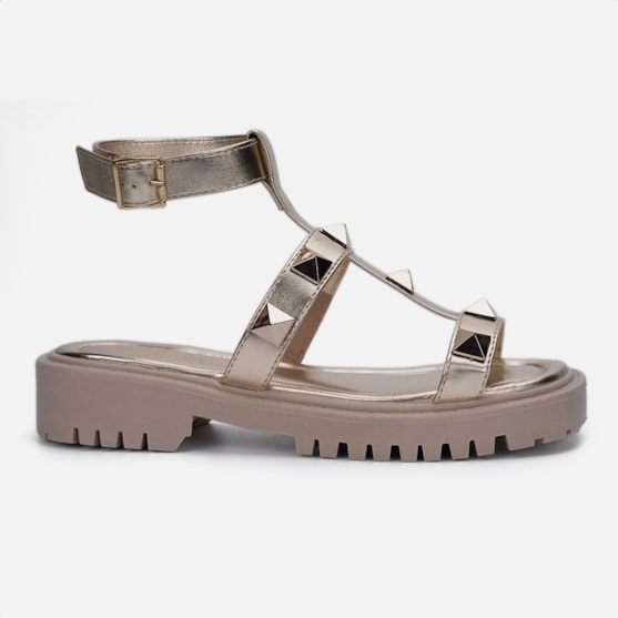 Sandália Feminina Papete Tratorada Tiras Tornozelo Spikes Dourado