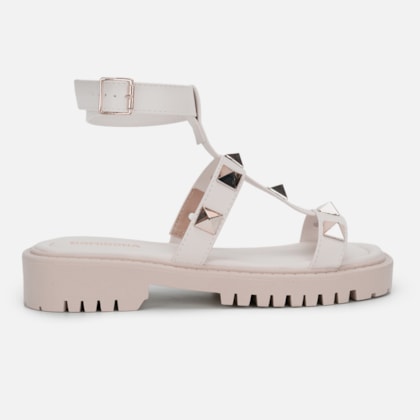 Sandália Feminina Papete Tratorada Tiras Tornozelo Spikes Off White