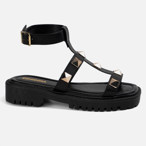 Sandália Feminina Papete Tratorada Tiras Tornozelo Spikes Preto