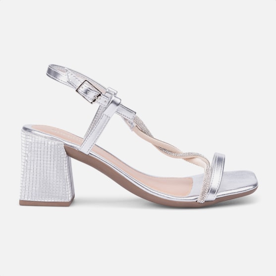 Sandália Feminina Prata Salto Bloco Tiras De Strass Trançadas
