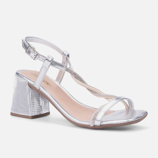 Segunda imagem do produto Sandália Feminina Prata Salto Bloco Tiras De Strass Trançadas