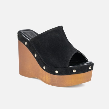 Segunda imagem do produto Sandália Feminina Preta Anabela Com Tachas Salto Plataforma Madeira