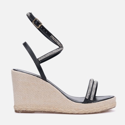 Sandália Feminina Preta Anabela Salto Corda Tiras Strass