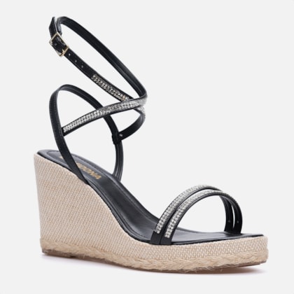 Segunda imagem do produto Sandália Feminina Preta Anabela Salto Corda Tiras Strass