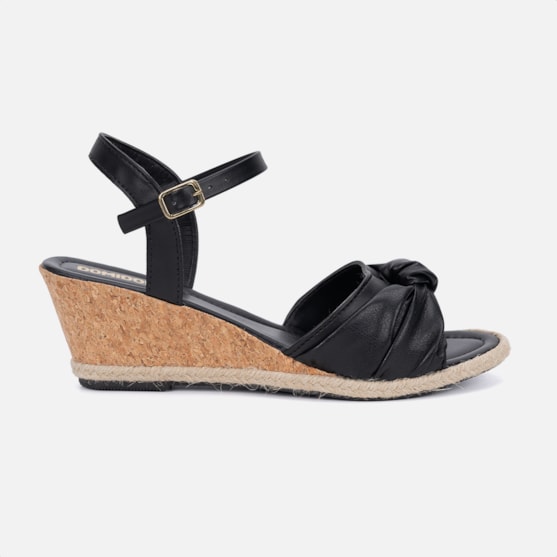 Sandália Feminina Preta Estilo Anabela Tira De Laço