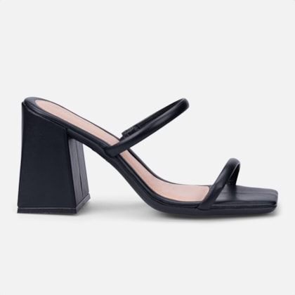Sandália Feminina Preta Salto Alto Bloco Tiras Duplas