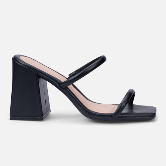 Sandália Feminina Preta Salto Alto Bloco Tiras Duplas