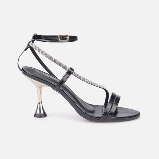 Sandália Feminina Preta Salto Alto Taça Dourado Metalizado Tira Fina Com Strass