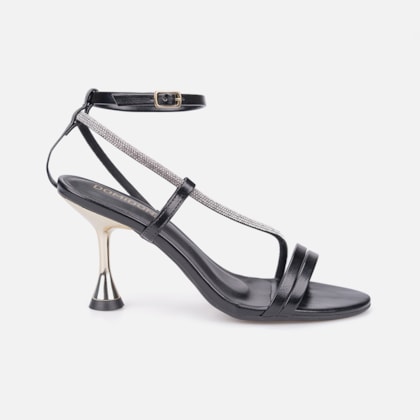 Sandália Feminina Preta Salto Alto Taça Dourado Tira Fina Com Strass