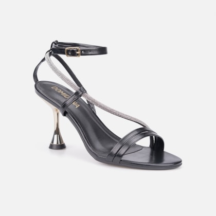 Segunda imagem do produto Sandália Feminina Preta Salto Alto Taça Dourado Tira Fina Com Strass
