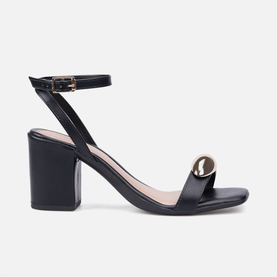 Sandália Feminina Preta Salto Alto Tira Com ABS Metalizado