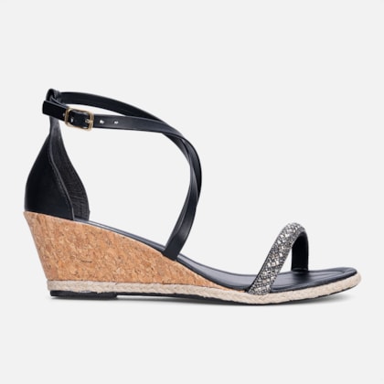 Sandália Feminina Preta Salto Anabela Tira De Strass