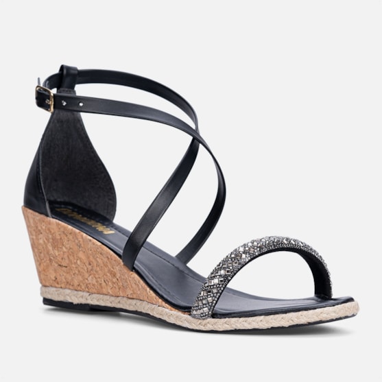 Segunda imagem do produto Sandália Feminina Preta Salto Anabela Tira De Strass